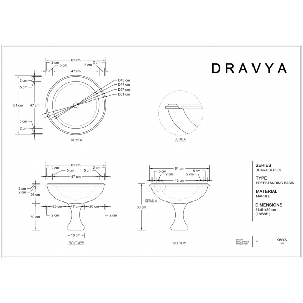 Dimensions for luxury freestanding basin made of marine black marble material