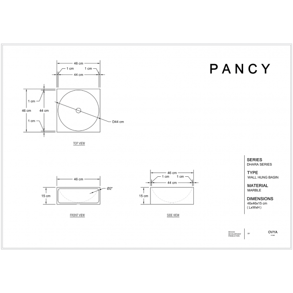 Dimensions of Pancy wall mount washbasin in Bhaswara white marble
