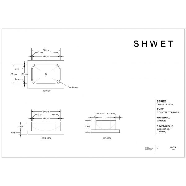 dimensions of shwet a counter top wash basin made from Indian bhaswara white marble