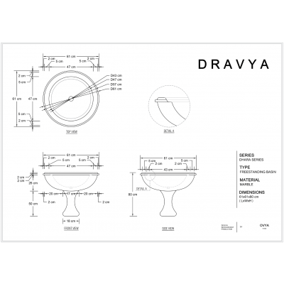 Dimensions for luxury freestanding basin made of marine black marble material